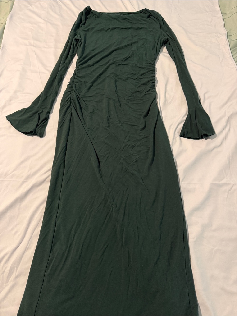 Women's Long Sleeve Dark Green Maxi Dress with Flared Cuffs